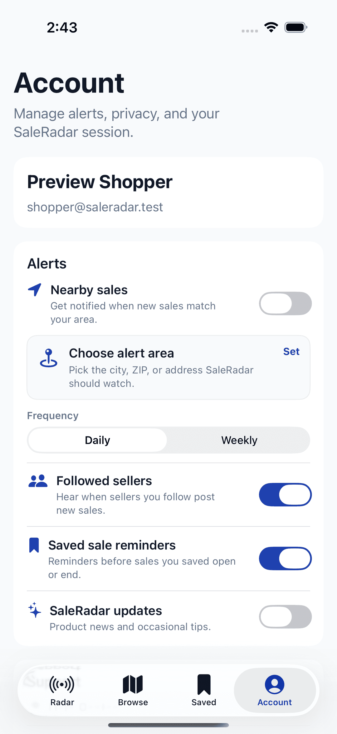 SaleRadar iOS account screen with saved-sale reminder settings.