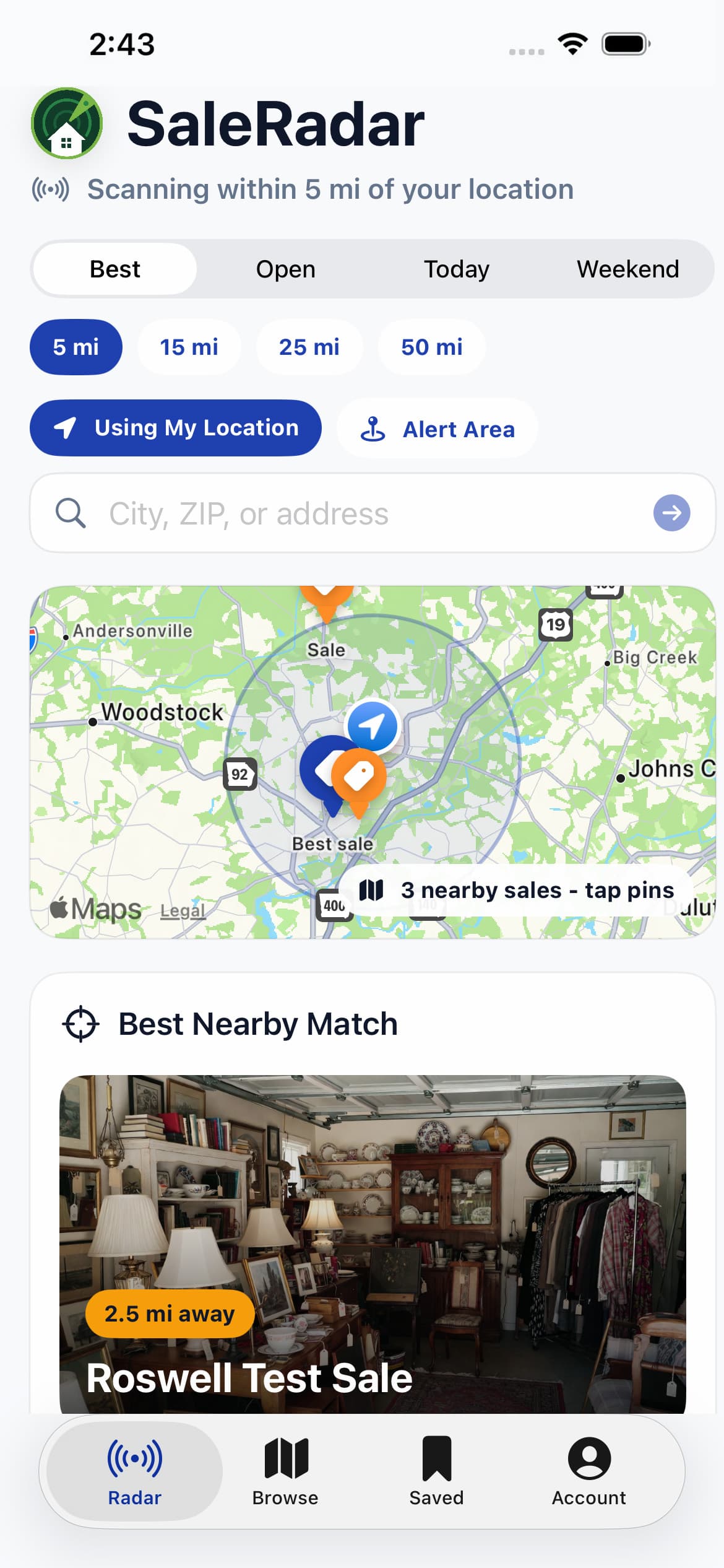 SaleRadar iPhone app showing nearby estate sales on a map and a recommended sale.