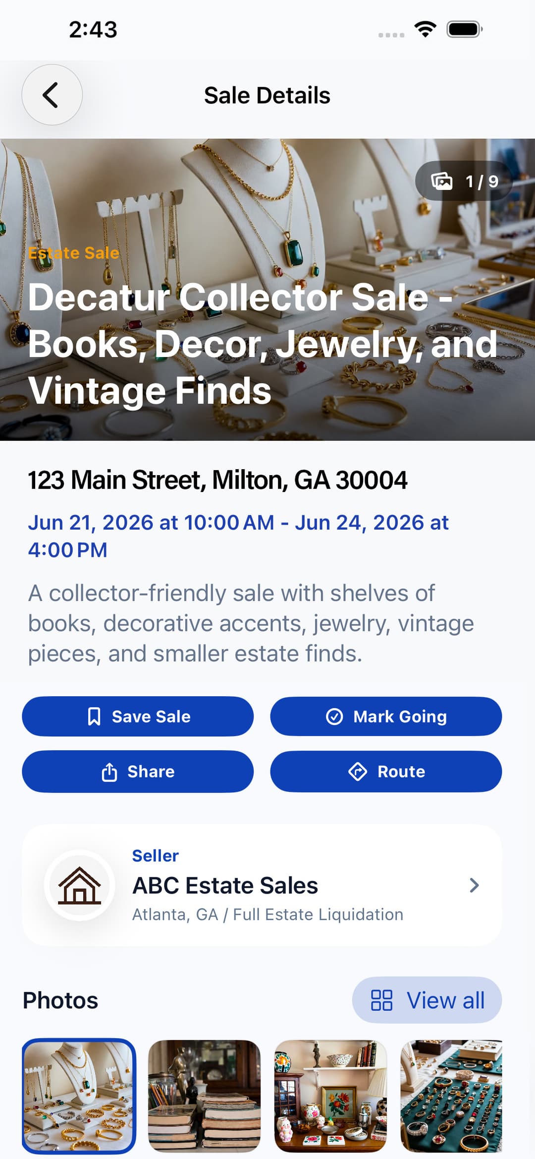 SaleRadar iOS sale detail screen with photos, address, save, going, share, and route actions.