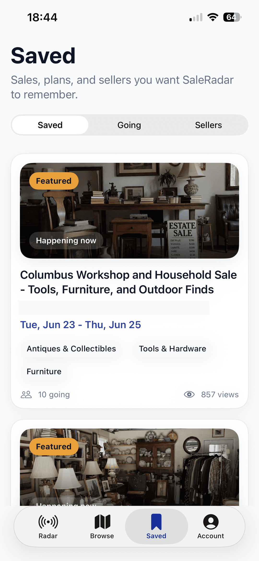 SaleRadar iOS saved sales screen.