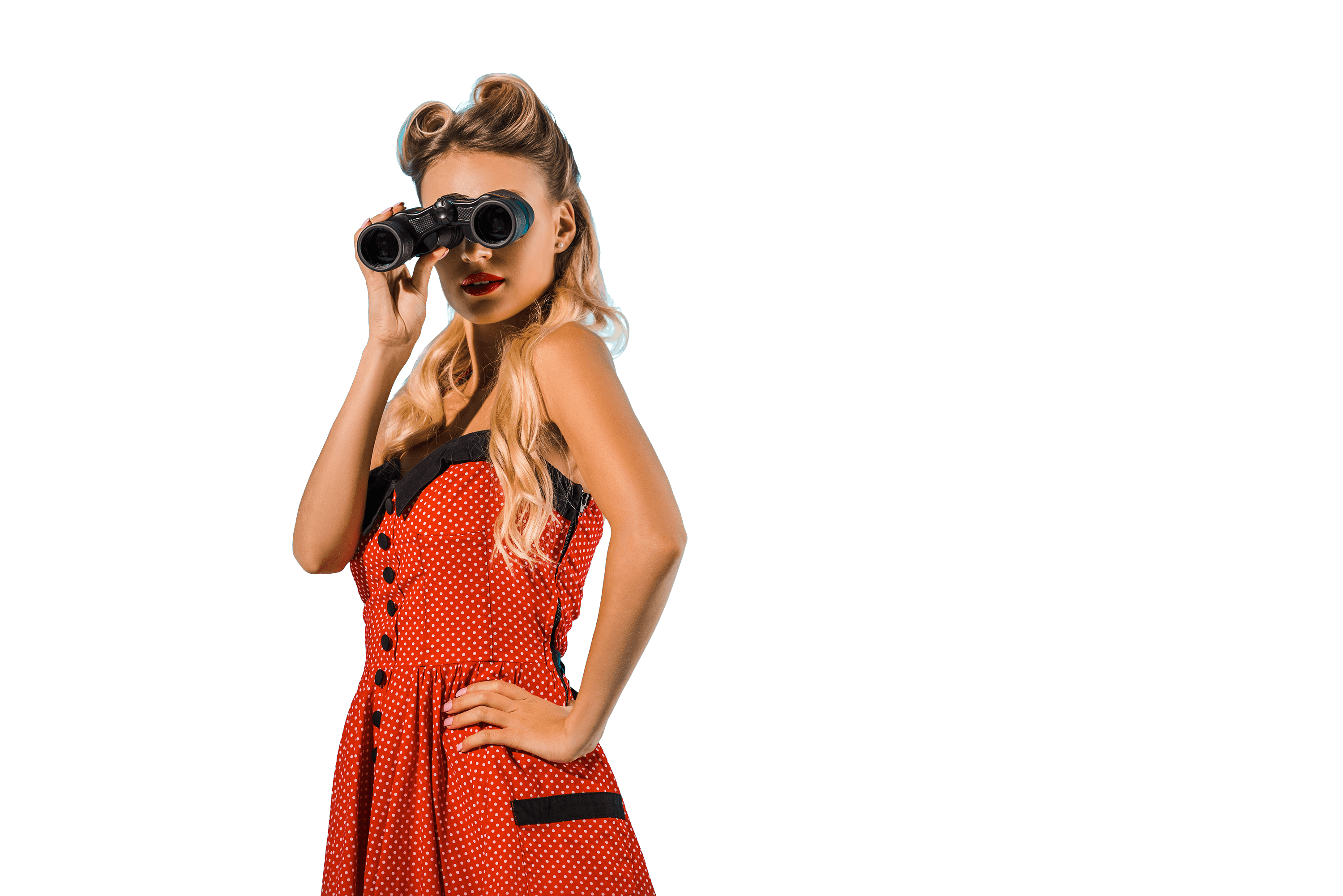 Retro-styled shopper with binoculars scouting for standout estate sale finds.